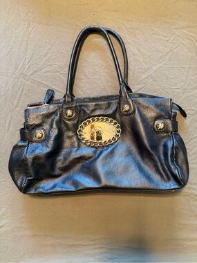 Vintage Betsey Johnson Black Shoulder Bag with Gold Plaque